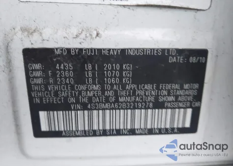 2011 Subaru Legacy 2.5I из США, поврежденный, VIN 4S3BMBA62B3219278